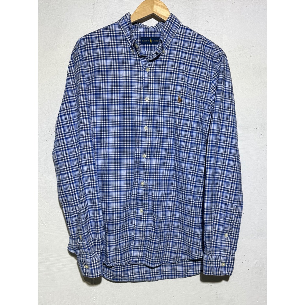 Ralph Lauren Mens Plaid Button Down Shirt Large Blue White Cotton Preppy Office